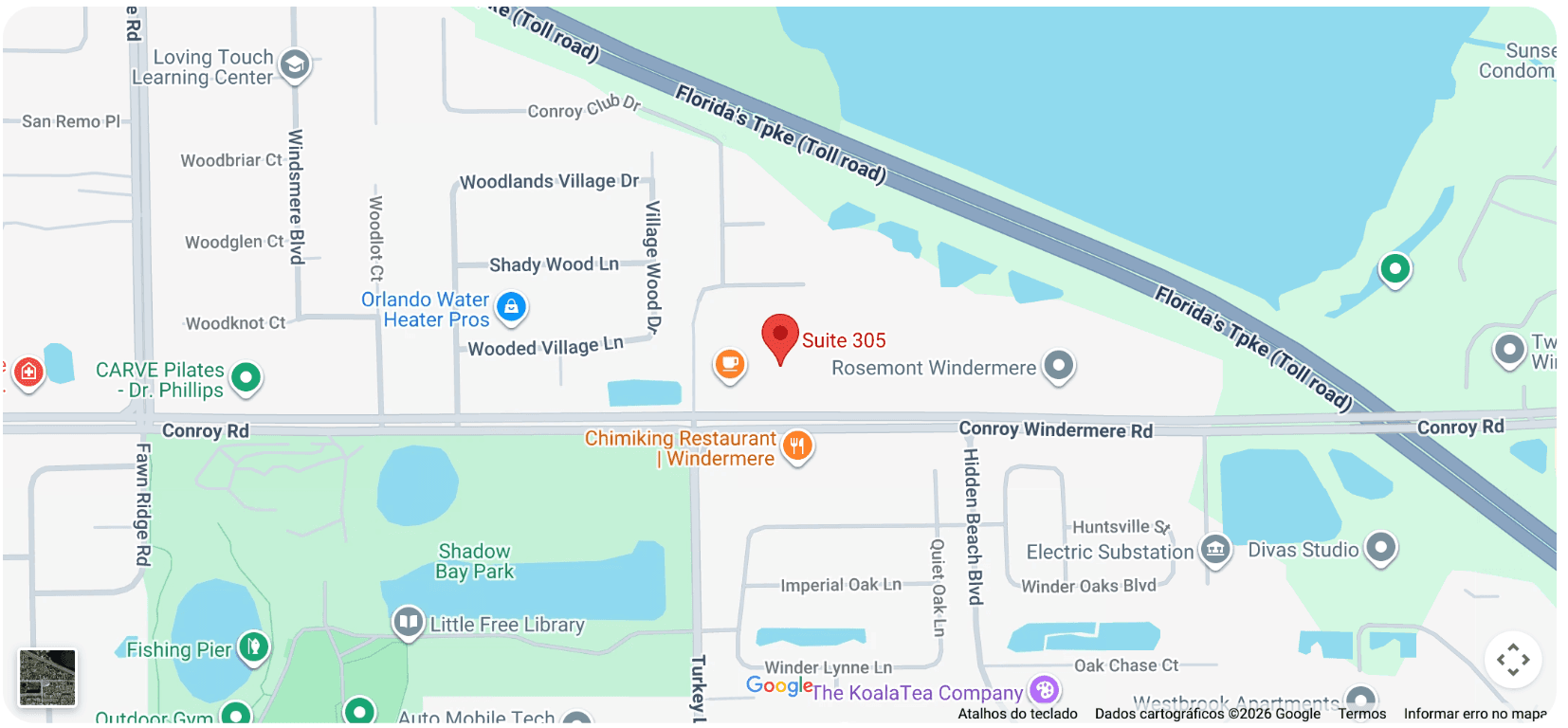 Map showing the SoftSeven office at Suite 305, 6735 Conroy Road, Orlando, Florida.